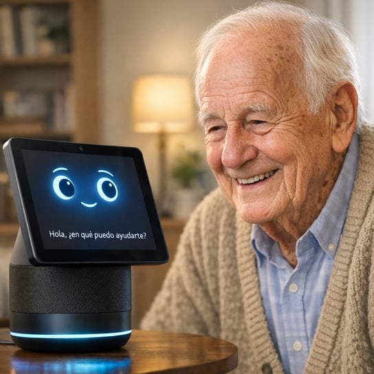 Adolfo, 80-year-old smiling next to his AI companion, Amiro AI