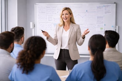 Irene, director of Los Olivos Elder Residence, giving a lecture to her staff