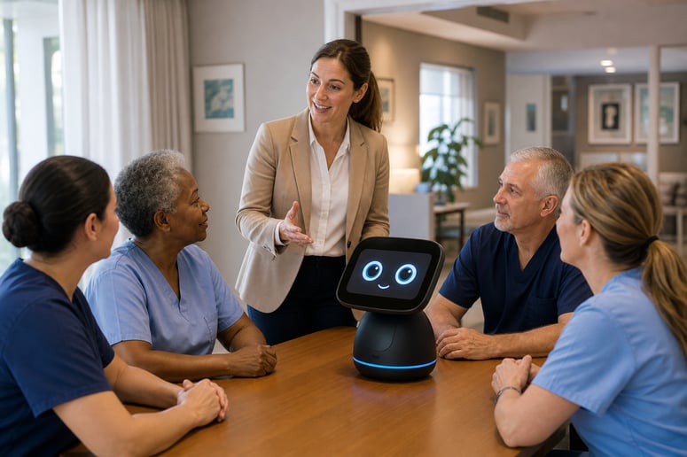 Irene, director of the Residence, explaining her staff how Amiro AI works.