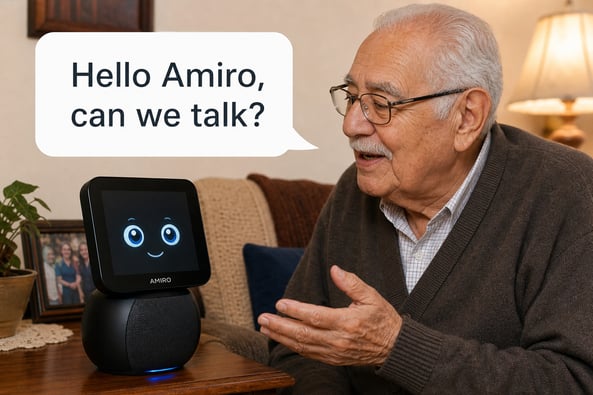 Adolfo, 80 year old, telling his Amiro "Hello Amiro, can we talk?".