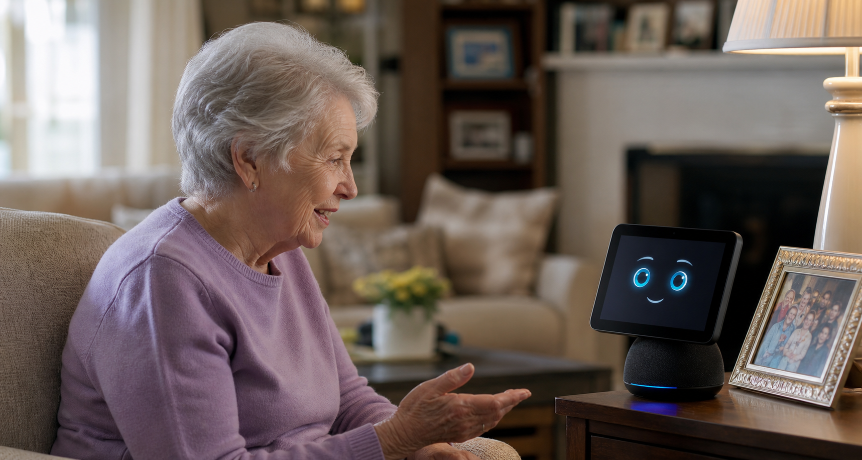 Image of Antonia, an 80 year old women, speaking to her Amiro AI