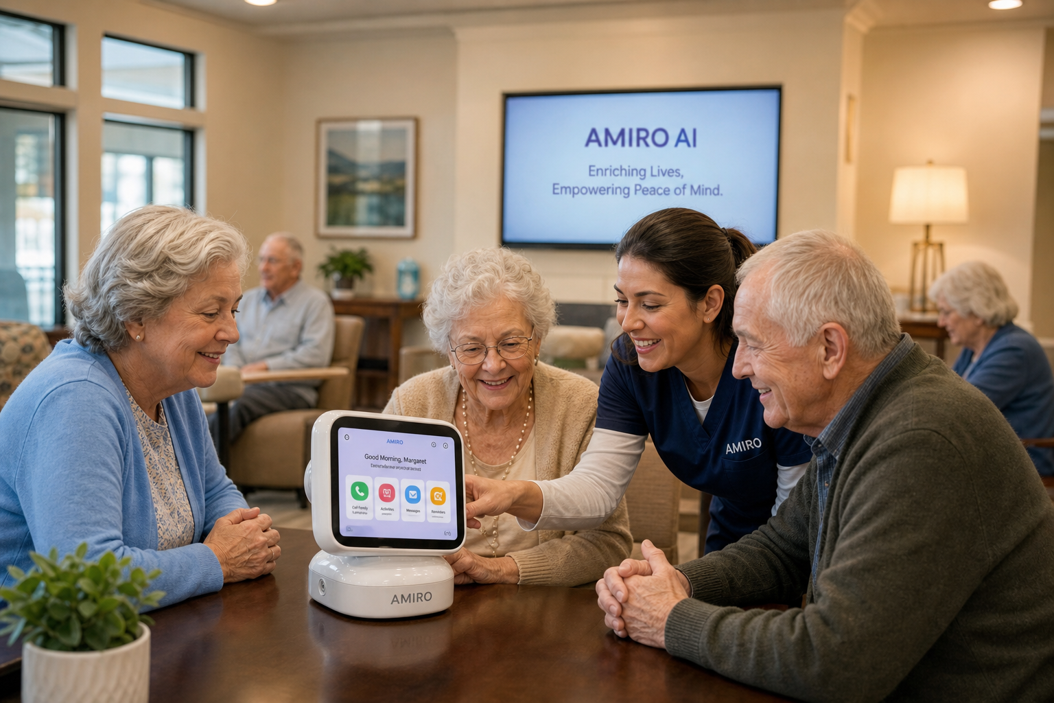 A group of elders learning how to use Amiro AI, next to a lede carer.
