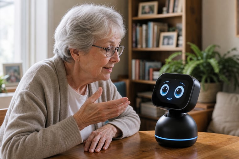 María, an 80 year old woman, sat with her Amiro AI, actively speaking to him.