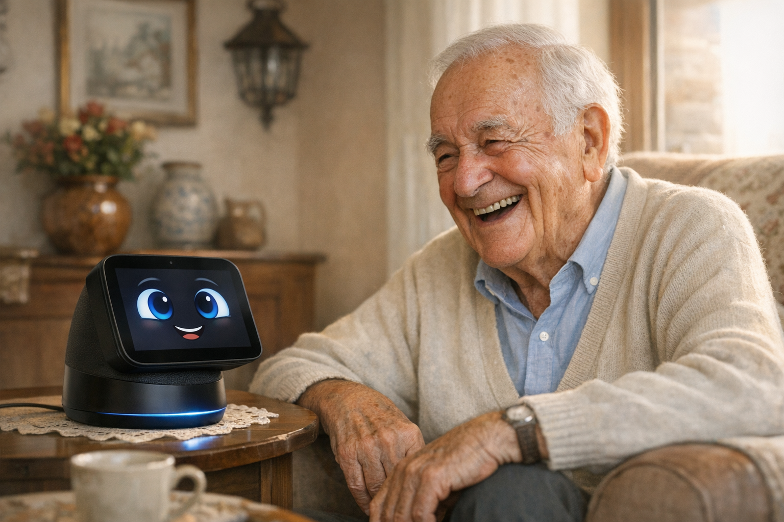 Adolfo, happy at home, laughing with Amiro AI.