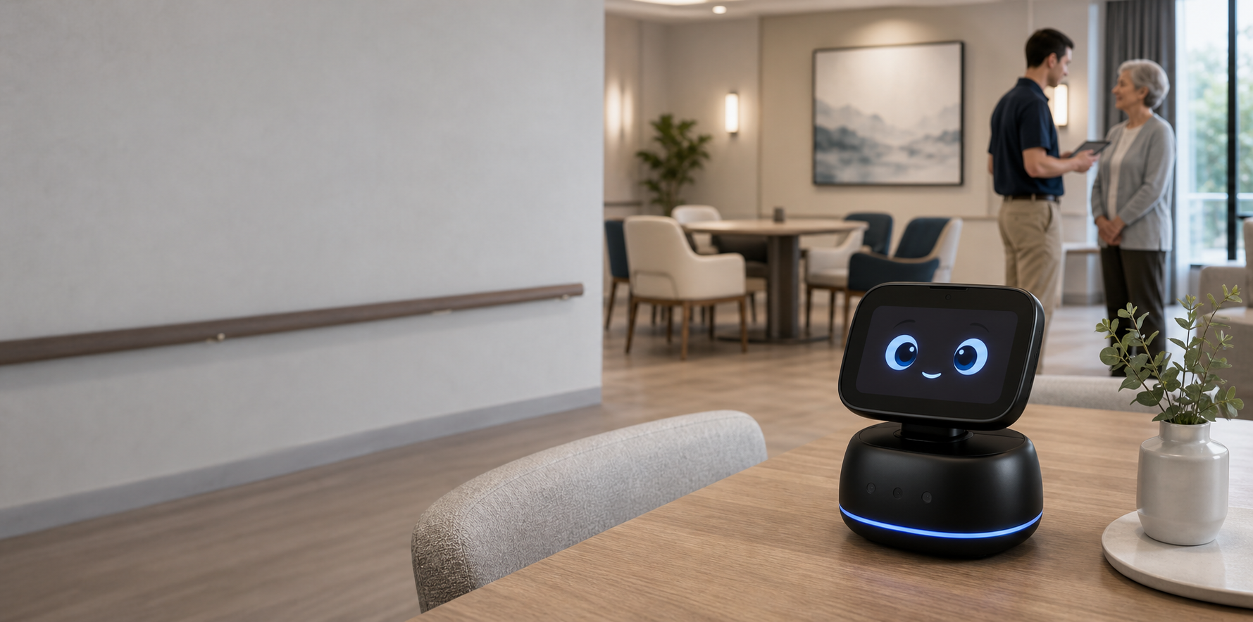 Photo of an Amiro AI on the table of an Elder's Residence.