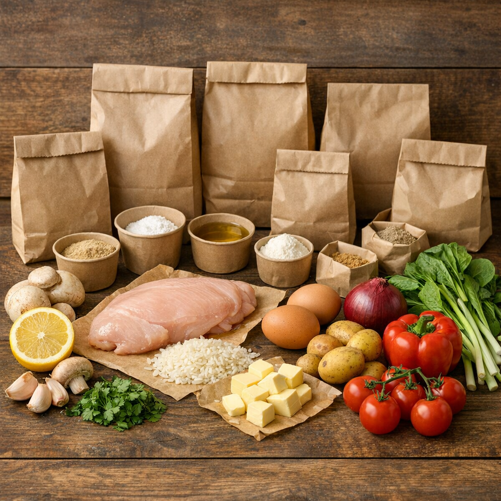 Pre-measured ingredients in brown paper bags with fresh produce