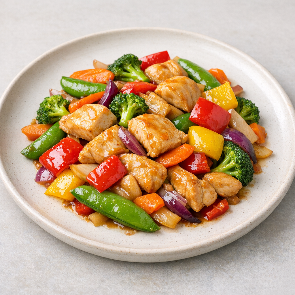 Chicken stir-fry with colorful vegetables on minimalist ceramic plate