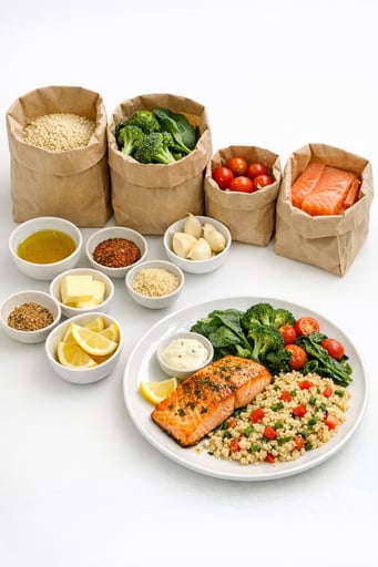 Fresh pre-measured ingredients in brown paper bags with bright plated salmon and quinoa meal on clean white surface Fresh pre-measured ingredients in brown paper bags with bright plated salmon and quinoa meal on clean white surface