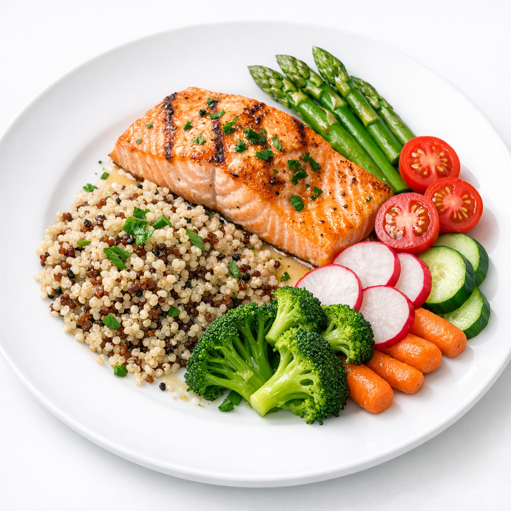Plated salmon with quinoa and fresh vegetables on clean white dish