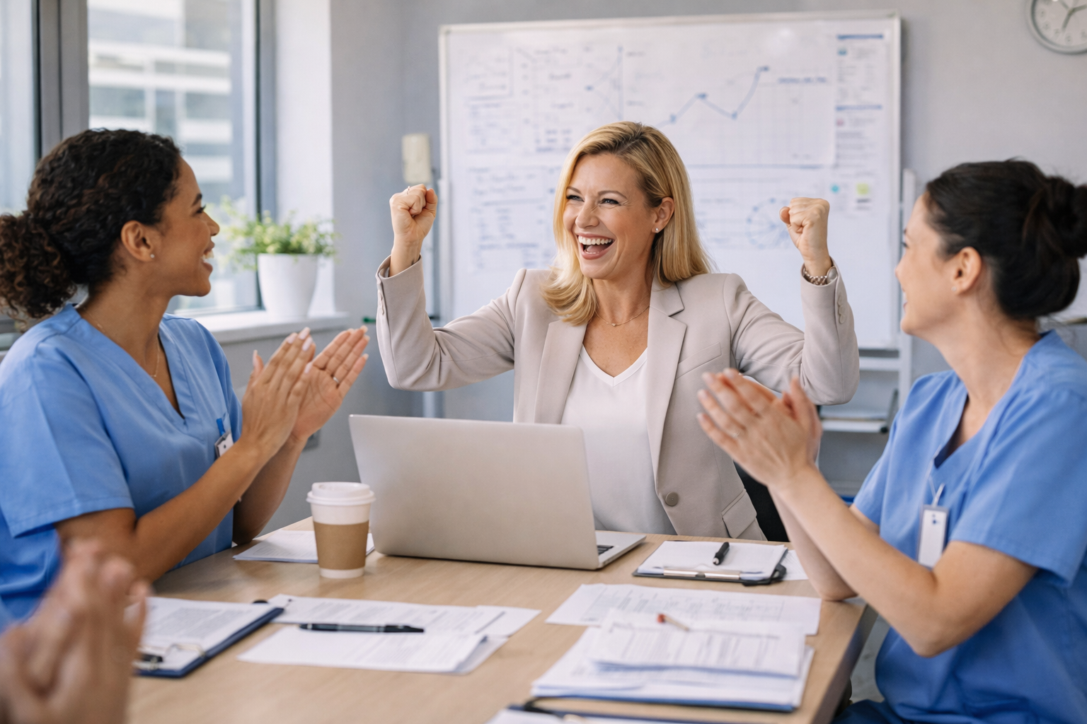 Irene celebrating next to here elder care team in the meeting room