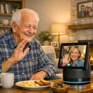 Adolfo, sat in his couch with some food, having a video call with his daughter